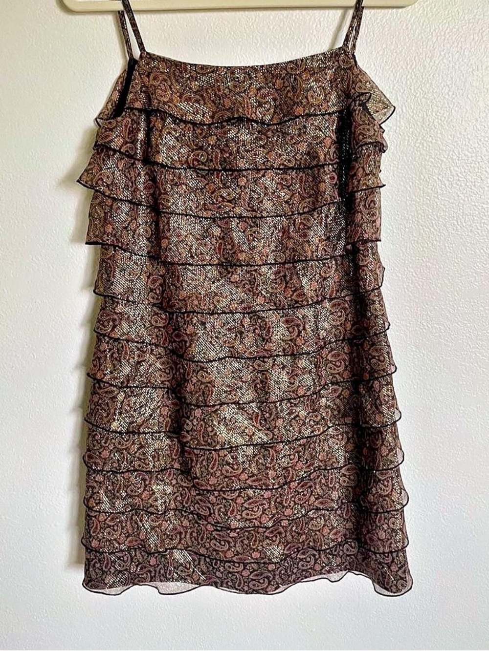 Vintage Adrianna Silk Metallic Gold Paisley Ruffle Dress 8